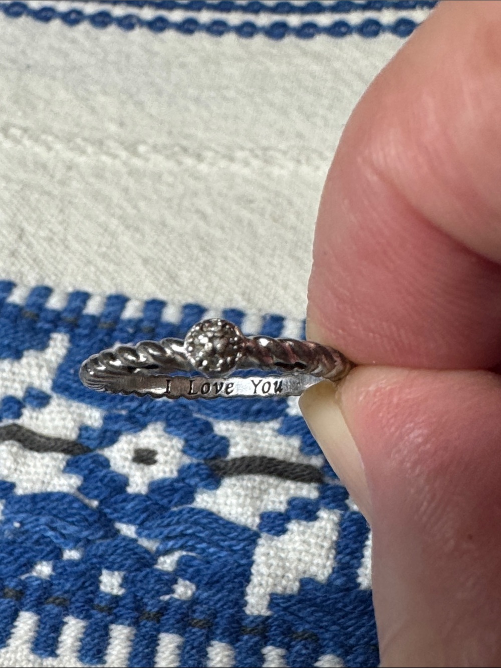 Silver Twisted Rope Ring with Floral Accent - Unbranded inscription I love you